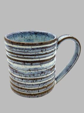 Mirage Studio Pottery Mug Signed Handmade Blue Gray Striped Stoneware Coffee Cup
